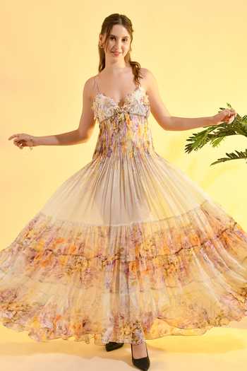 Shop_Bhanuni By Jyoti_Yellow Viscose Sweetheart Neck Honey Comb Floral Print Maxi Dress _Online_at_Aza_Fashions