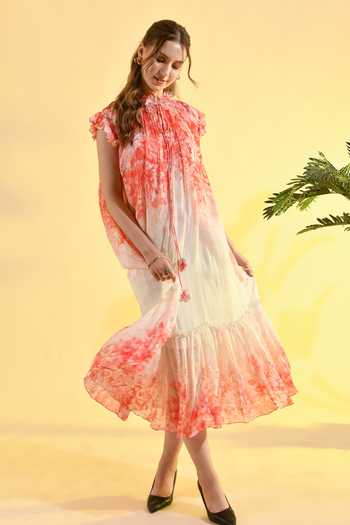 Bhanuni By Jyoti_Red Viscose Halter Neck Cherry Blossom Floral Print Dress _Online_at_Aza_Fashions