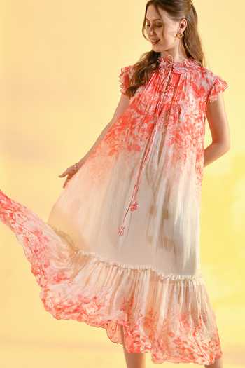 Buy_Bhanuni By Jyoti_Red Viscose Halter Neck Cherry Blossom Floral Print Dress _Online_at_Aza_Fashions