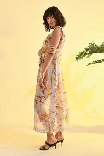 Bhanuni By Jyoti_Yellow Viscose V-neck Honey Comb Floral Print Kaftan _Online_at_Aza_Fashions