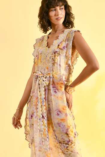 Buy_Bhanuni By Jyoti_Yellow Viscose V-neck Honey Comb Floral Print Kaftan _Online_at_Aza_Fashions