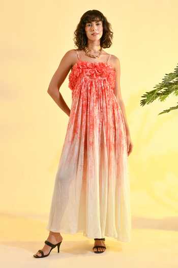 Bhanuni By Jyoti_Red Viscose Square Neck Cherry Blossom 3d And Floral Print Maxi Dress _Online_at_Aza_Fashions