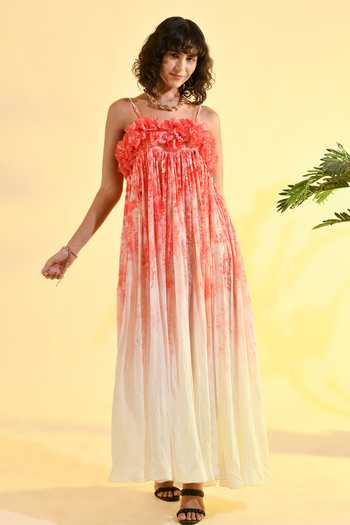 Buy_Bhanuni By Jyoti_Red Viscose Square Neck Cherry Blossom 3d And Floral Print Maxi Dress _Online_at_Aza_Fashions