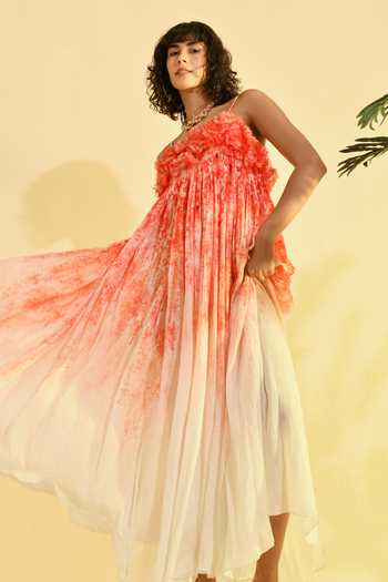 Shop_Bhanuni By Jyoti_Red Viscose Square Neck Cherry Blossom 3d And Floral Print Maxi Dress _Online_at_Aza_Fashions