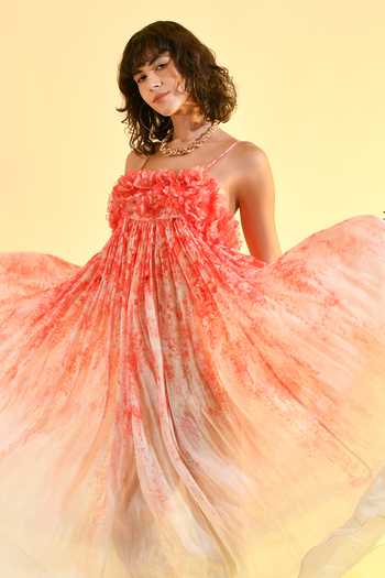 Buy_Bhanuni By Jyoti_Red Viscose Square Neck Cherry Blossom 3d And Floral Print Maxi Dress 