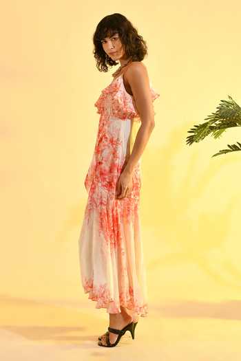 Bhanuni By Jyoti_Ivory Viscose V-neck Cherry Blossom Floral Print Maxi Dress _Online_at_Aza_Fashions