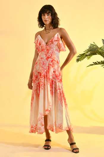 Buy_Bhanuni By Jyoti_Ivory Viscose V-neck Cherry Blossom Floral Print Maxi Dress _Online_at_Aza_Fashions