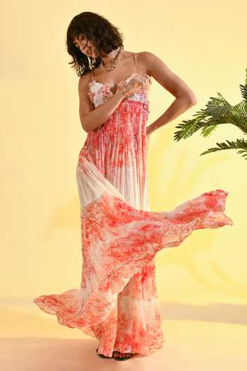 Bhanuni By Jyoti_Red Viscose Sweetheart Neck Cherry Blossom Floral Print Tiered Dress _Online_at_Aza_Fashions