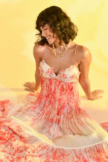 Buy_Bhanuni By Jyoti_Red Viscose Sweetheart Neck Cherry Blossom Floral Print Tiered Dress _Online_at_Aza_Fashions