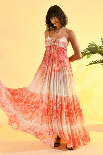 Shop_Bhanuni By Jyoti_Red Viscose Sweetheart Neck Cherry Blossom Floral Print Tiered Dress _Online_at_Aza_Fashions