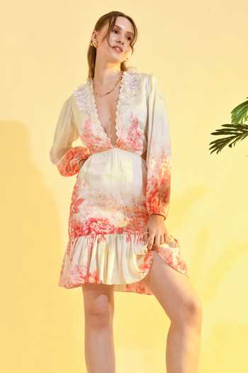 Bhanuni By Jyoti_Ivory Viscose V-neck Cherry Blossom Floral Print Mini Dress _Online_at_Aza_Fashions