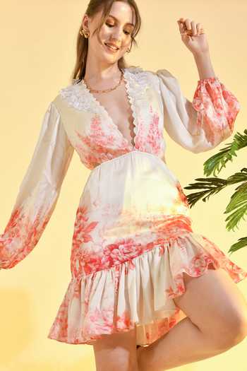 Shop_Bhanuni By Jyoti_Ivory Viscose V-neck Cherry Blossom Floral Print Mini Dress _Online_at_Aza_Fashions