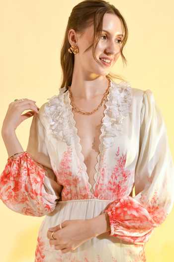 Bhanuni By Jyoti_Ivory Viscose V-neck Cherry Blossom Floral Print Mini Dress _at_Aza_Fashions