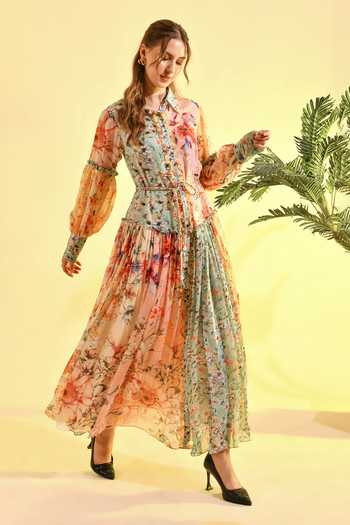 Bhanuni By Jyoti_Multi Color Viscose Collared, Button-down Neck Tinted Floral Print Shirt Dress _Online_at_Aza_Fashions