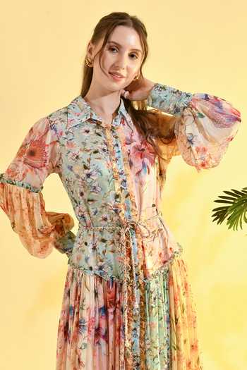 Shop_Bhanuni By Jyoti_Multi Color Viscose Collared, Button-down Neck Tinted Floral Print Shirt Dress _Online_at_Aza_Fashions