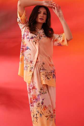 Bhanuni By Jyoti_Pink Viscose Button-down Neck Tinted Floral Print Shirt _Online_at_Aza_Fashions