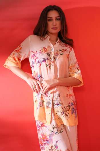 Shop_Bhanuni By Jyoti_Pink Viscose Button-down Neck Tinted Floral Print Shirt _Online_at_Aza_Fashions