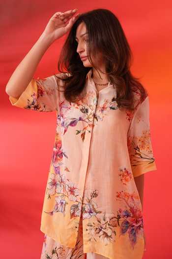 Bhanuni By Jyoti_Pink Viscose Button-down Neck Tinted Floral Print Shirt _at_Aza_Fashions