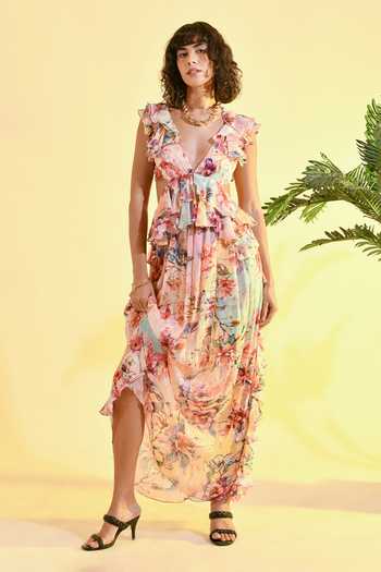 Bhanuni By Jyoti_Pink Viscose Plunge Neck Tinted Floral Print Maxi Dress _Online_at_Aza_Fashions