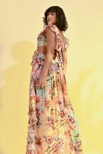 Buy_Bhanuni By Jyoti_Pink Viscose Plunge Neck Tinted Floral Print Maxi Dress _Online_at_Aza_Fashions