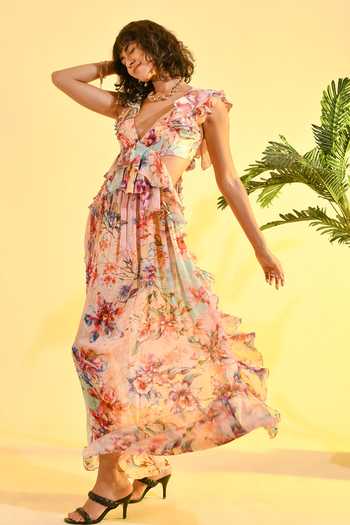 Shop_Bhanuni By Jyoti_Pink Viscose Plunge Neck Tinted Floral Print Maxi Dress _Online_at_Aza_Fashions
