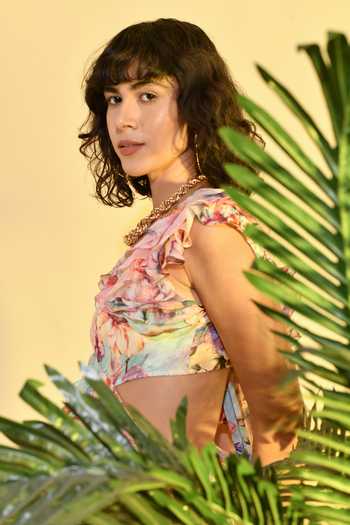 Bhanuni By Jyoti_Pink Viscose Plunge Neck Tinted Floral Print Maxi Dress _at_Aza_Fashions