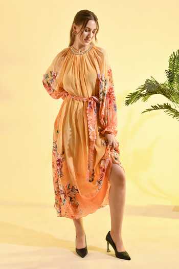 Bhanuni By Jyoti_Yellow Viscose High Neck Tinted Floral Print Midi Dress _Online_at_Aza_Fashions