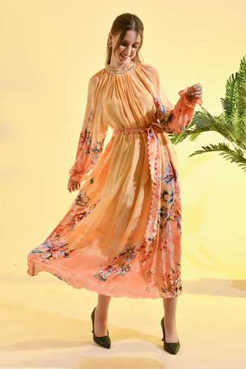 Buy_Bhanuni By Jyoti_Yellow Viscose High Neck Tinted Floral Print Midi Dress _Online_at_Aza_Fashions