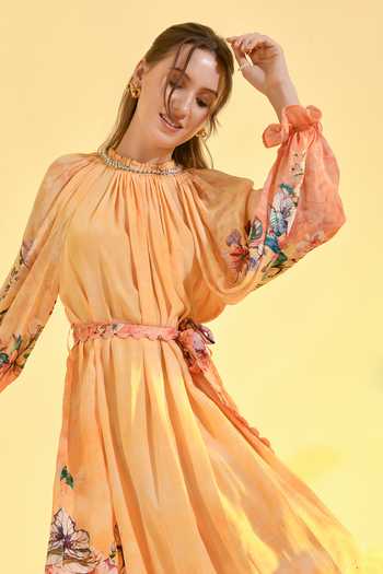 Shop_Bhanuni By Jyoti_Yellow Viscose High Neck Tinted Floral Print Midi Dress _Online_at_Aza_Fashions
