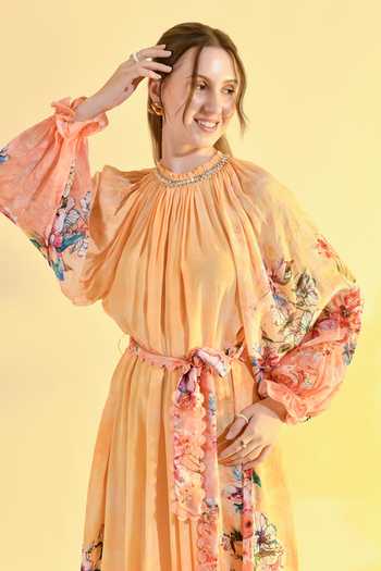 Bhanuni By Jyoti_Yellow Viscose High Neck Tinted Floral Print Midi Dress _at_Aza_Fashions