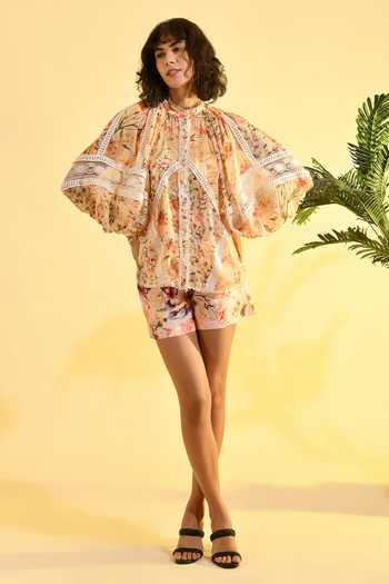 Buy_Bhanuni By Jyoti_Multi Color Viscose Mandarin Collar Tinted Olea Floral Print Shirt _Online_at_Aza_Fashions