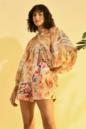 Shop_Bhanuni By Jyoti_Multi Color Viscose Mandarin Collar Tinted Olea Floral Print Shirt _Online_at_Aza_Fashions