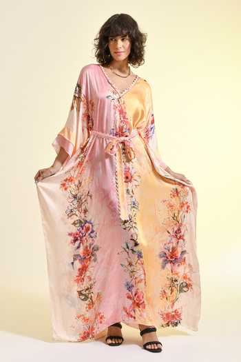 Bhanuni By Jyoti_Pink Viscose V-neck Tinted Floral Print Kaftan _Online_at_Aza_Fashions