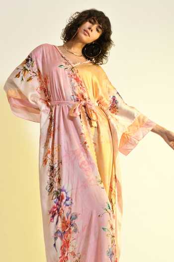 Buy_Bhanuni By Jyoti_Pink Viscose V-neck Tinted Floral Print Kaftan _Online_at_Aza_Fashions