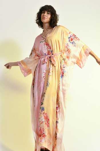 Shop_Bhanuni By Jyoti_Pink Viscose V-neck Tinted Floral Print Kaftan _Online_at_Aza_Fashions