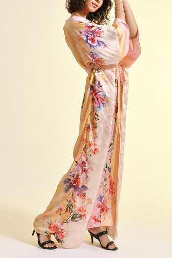 Bhanuni By Jyoti_Pink Viscose V-neck Tinted Floral Print Kaftan _at_Aza_Fashions