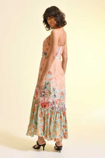 Bhanuni By Jyoti_Multi Color Viscose Halter Neck Tinted Floral Print Lace Maxi Dress _Online_at_Aza_Fashions