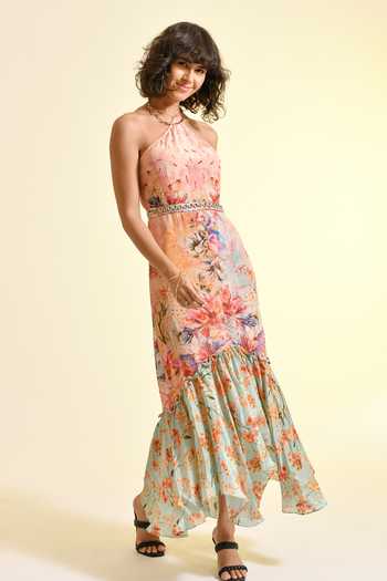 Buy_Bhanuni By Jyoti_Multi Color Viscose Halter Neck Tinted Floral Print Lace Maxi Dress _Online_at_Aza_Fashions
