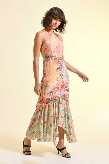 Shop_Bhanuni By Jyoti_Multi Color Viscose Halter Neck Tinted Floral Print Lace Maxi Dress _Online_at_Aza_Fashions