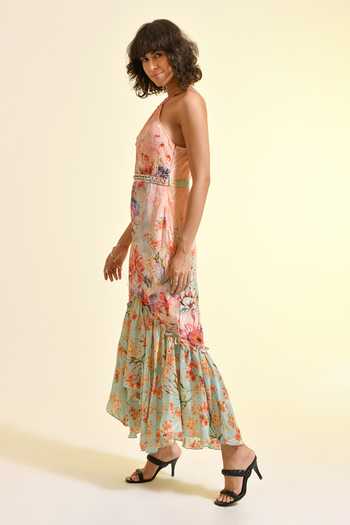 Bhanuni By Jyoti_Multi Color Viscose Halter Neck Tinted Floral Print Lace Maxi Dress _at_Aza_Fashions