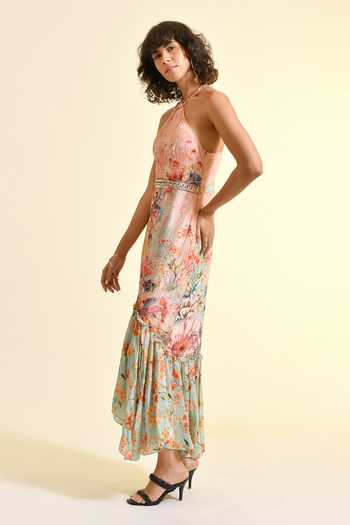 Buy_Bhanuni By Jyoti_Multi Color Viscose Halter Neck Tinted Floral Print Lace Maxi Dress 