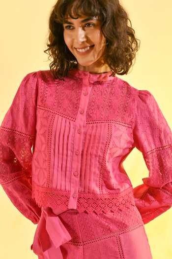 Bhanuni By Jyoti_Fuchsia Viscose Mandarin Collar Rosin Lace Work Shirt _at_Aza_Fashions