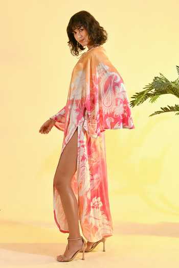 Bhanuni By Jyoti_Fuchsia Viscose Keyhole Neck Amara Printed Ombre Kaftan _Online_at_Aza_Fashions