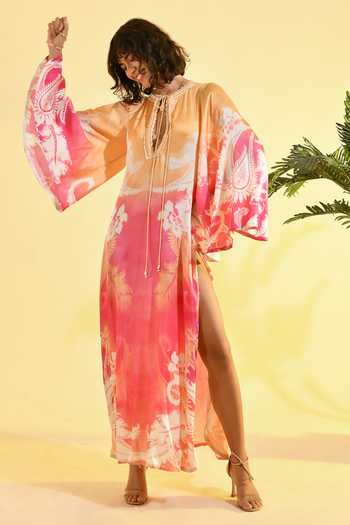 Buy_Bhanuni By Jyoti_Fuchsia Viscose Keyhole Neck Amara Printed Ombre Kaftan _Online_at_Aza_Fashions