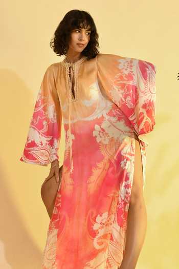 Shop_Bhanuni By Jyoti_Fuchsia Viscose Keyhole Neck Amara Printed Ombre Kaftan _Online_at_Aza_Fashions