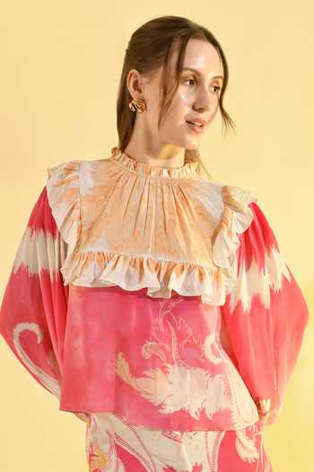 Bhanuni By Jyoti_Pink Viscose High Neck Amara Printed Top _at_Aza_Fashions