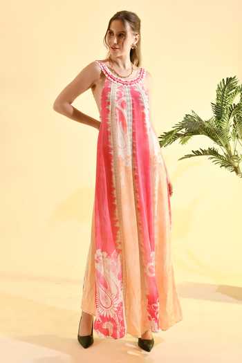 Bhanuni By Jyoti_Fuchsia Viscose Round Neck Amara Color Block Printed Maxi Dress _Online_at_Aza_Fashions