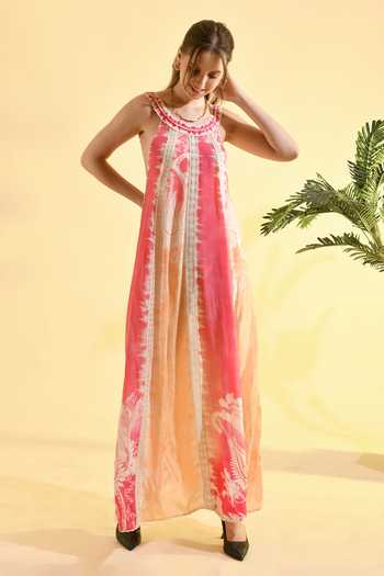 Buy_Bhanuni By Jyoti_Fuchsia Viscose Round Neck Amara Color Block Printed Maxi Dress _Online_at_Aza_Fashions