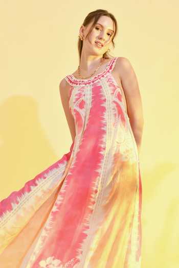 Shop_Bhanuni By Jyoti_Fuchsia Viscose Round Neck Amara Color Block Printed Maxi Dress _Online_at_Aza_Fashions