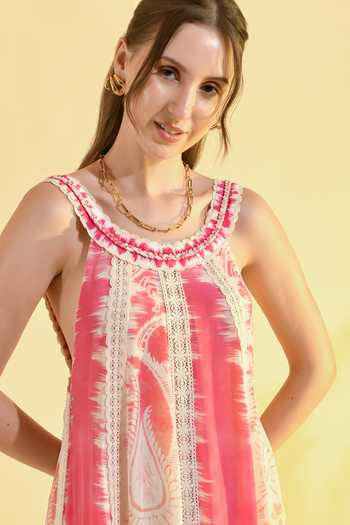 Bhanuni By Jyoti_Fuchsia Viscose Round Neck Amara Color Block Printed Maxi Dress _at_Aza_Fashions
